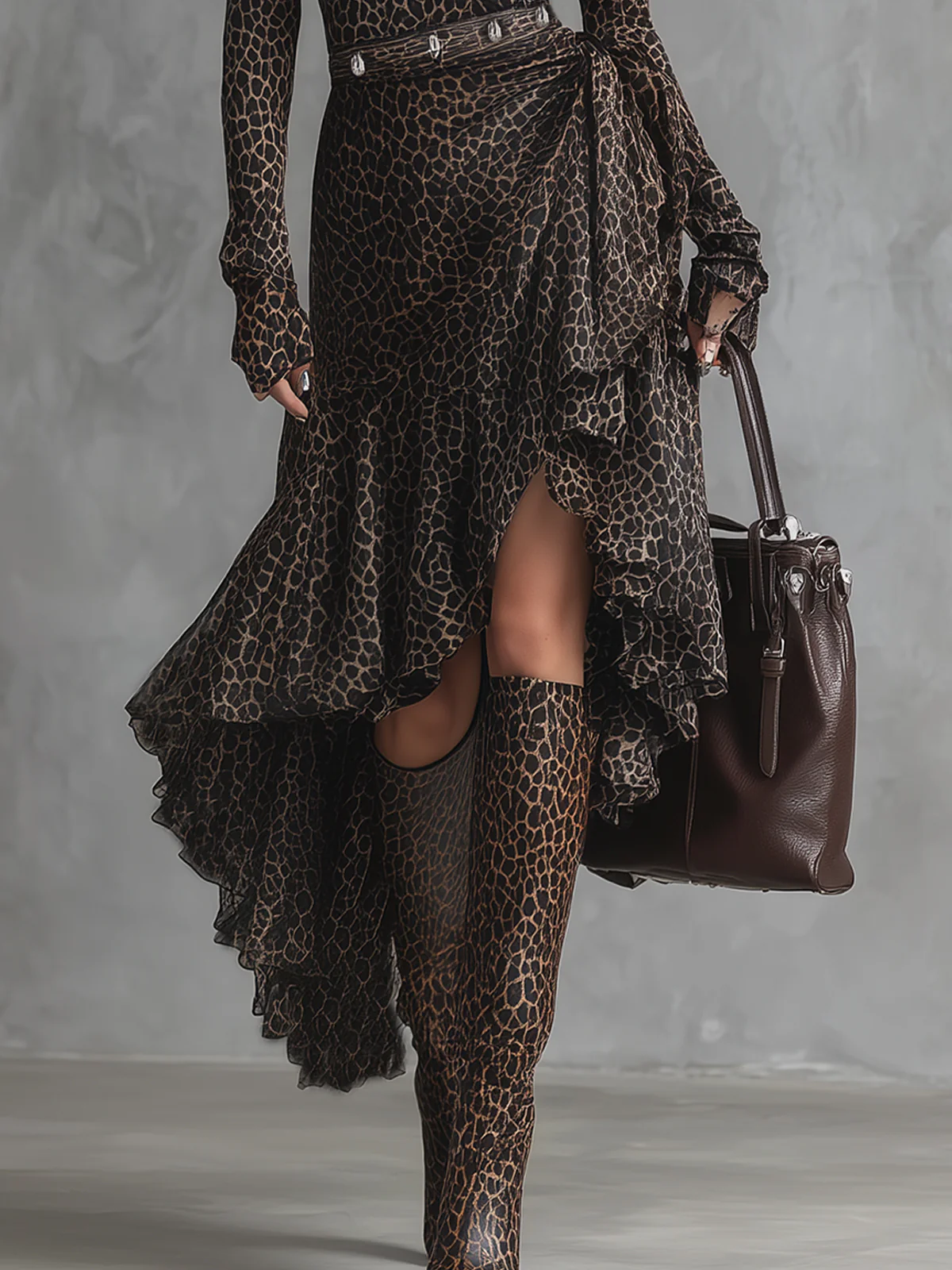 Brown Leopard Print High-Neck Ruffled Dress With Belt Detail