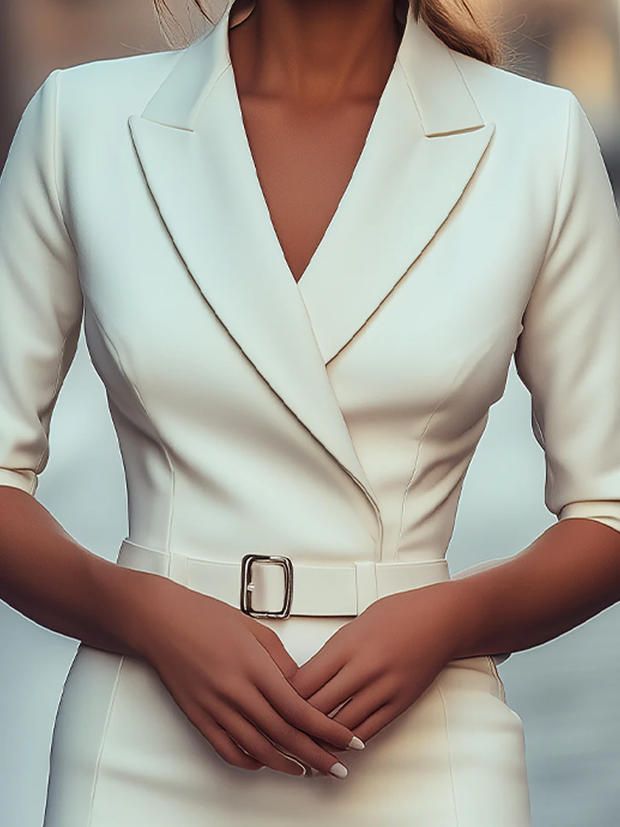 Sophisticated White Tailored Blazer Dress with Belt
