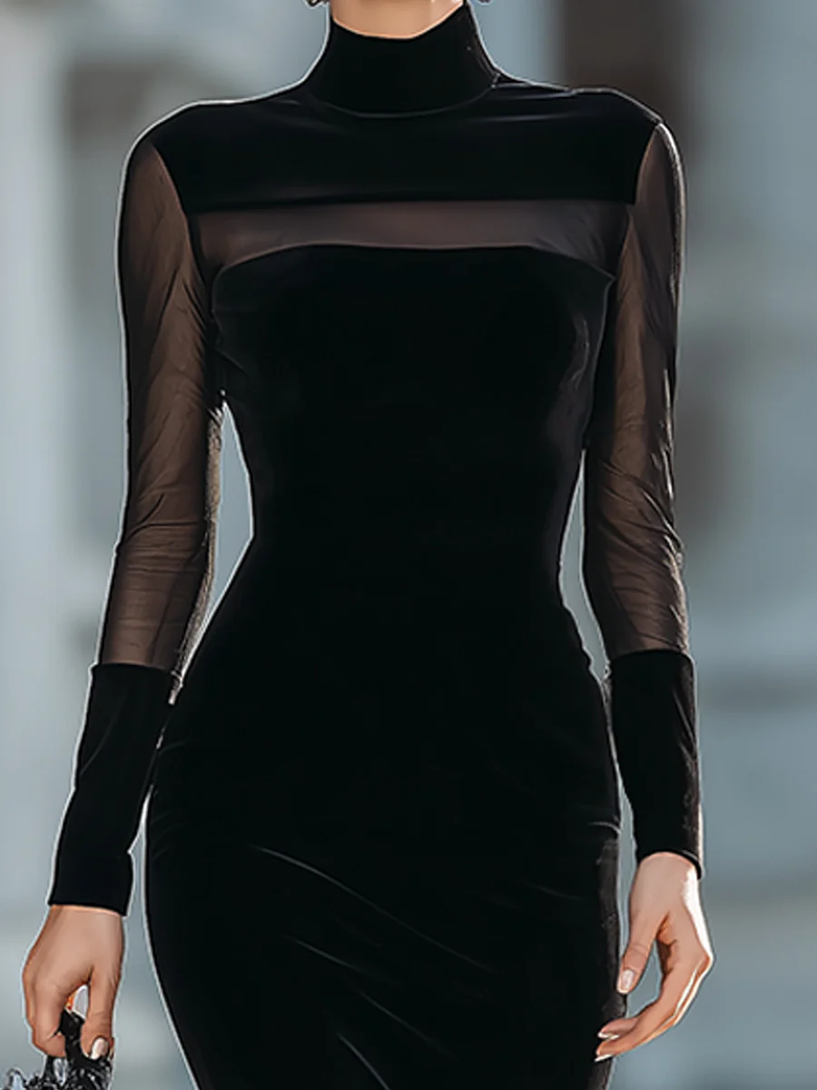 Elegant Velvet Sheer Panel Mermaid Maxi Dress