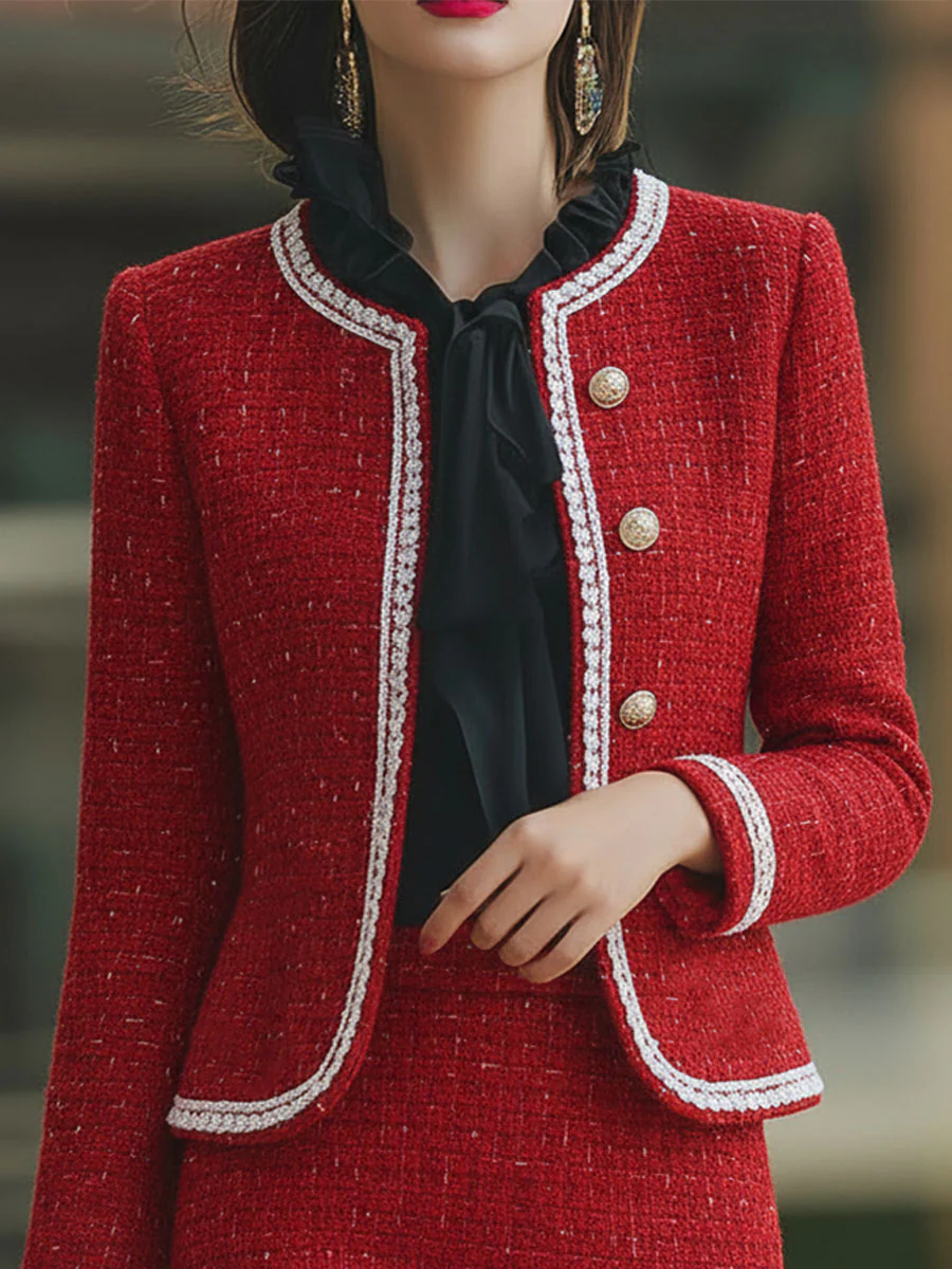 Red Tweed Contrast - Trim Skirt Suit