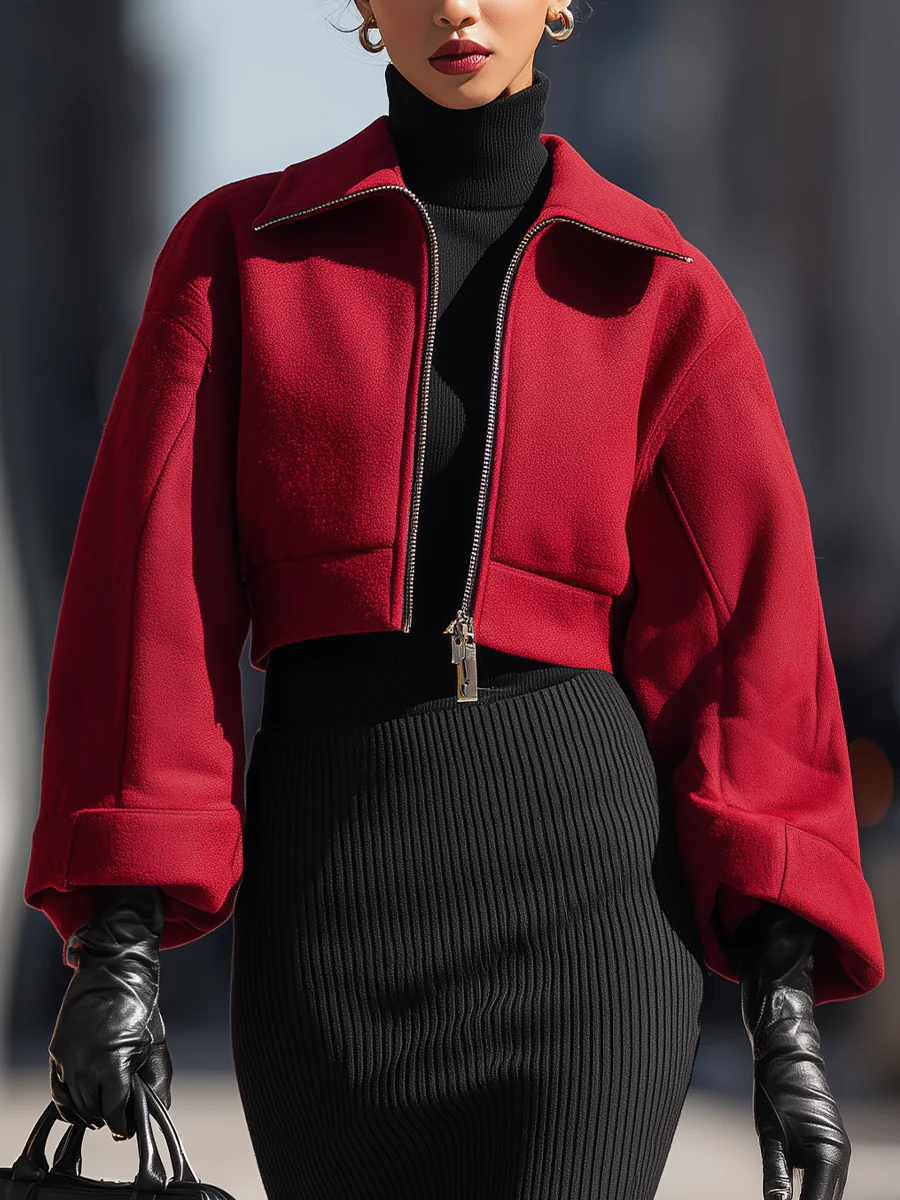 Red Cropped Wool Zip Jacket