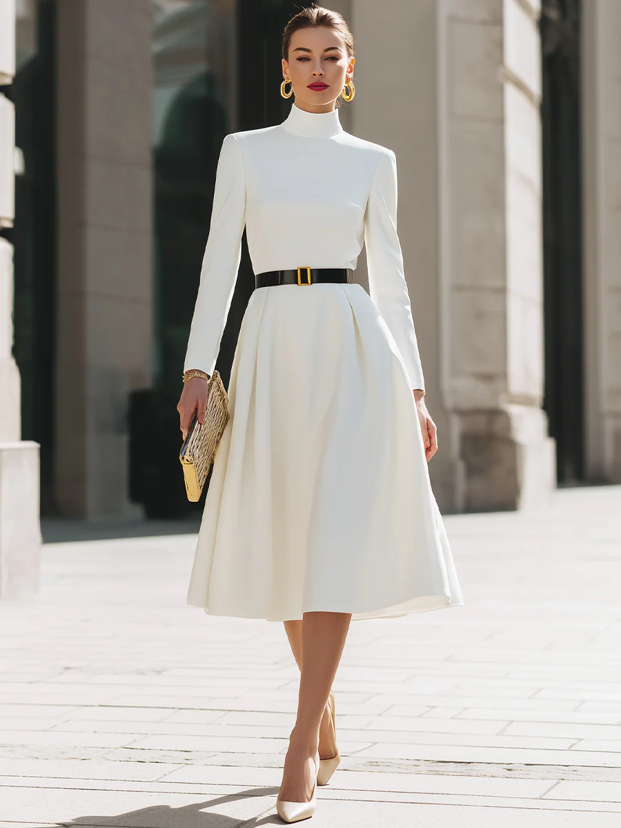 White High-Neck A-Line Midi Dress With Black Belt