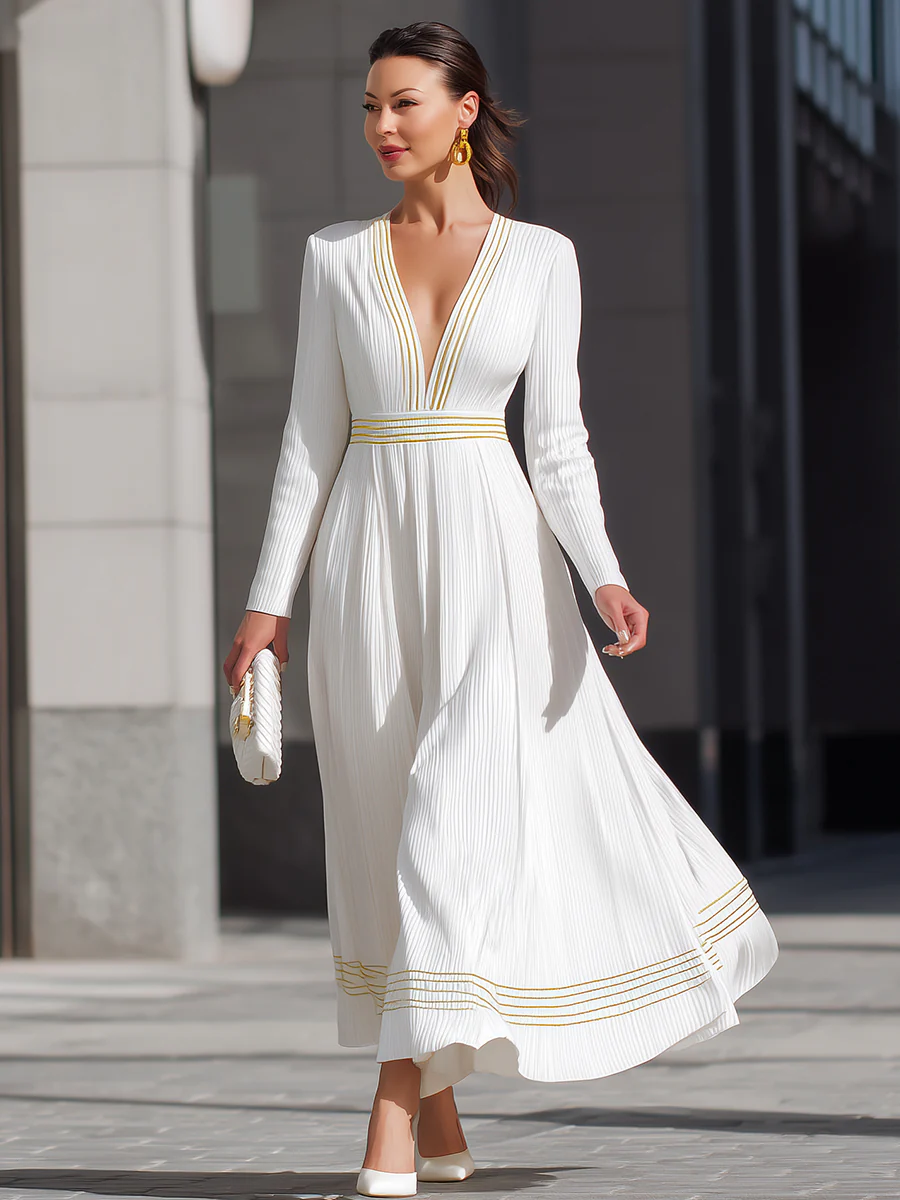 White Pleated Dress With Yellow Stripes And V-Neckline