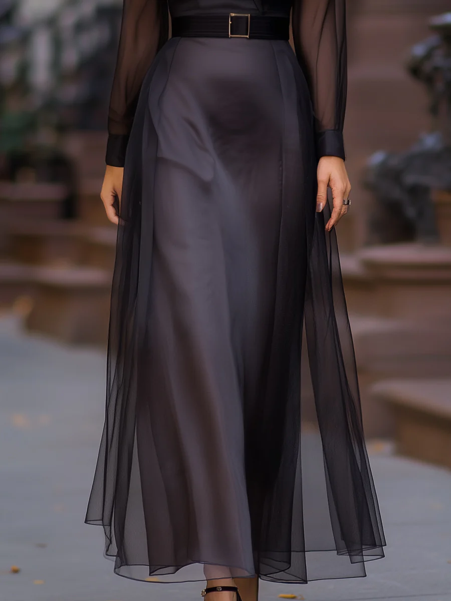 Sheer Mesh Overlay Maxi Shirt Dress