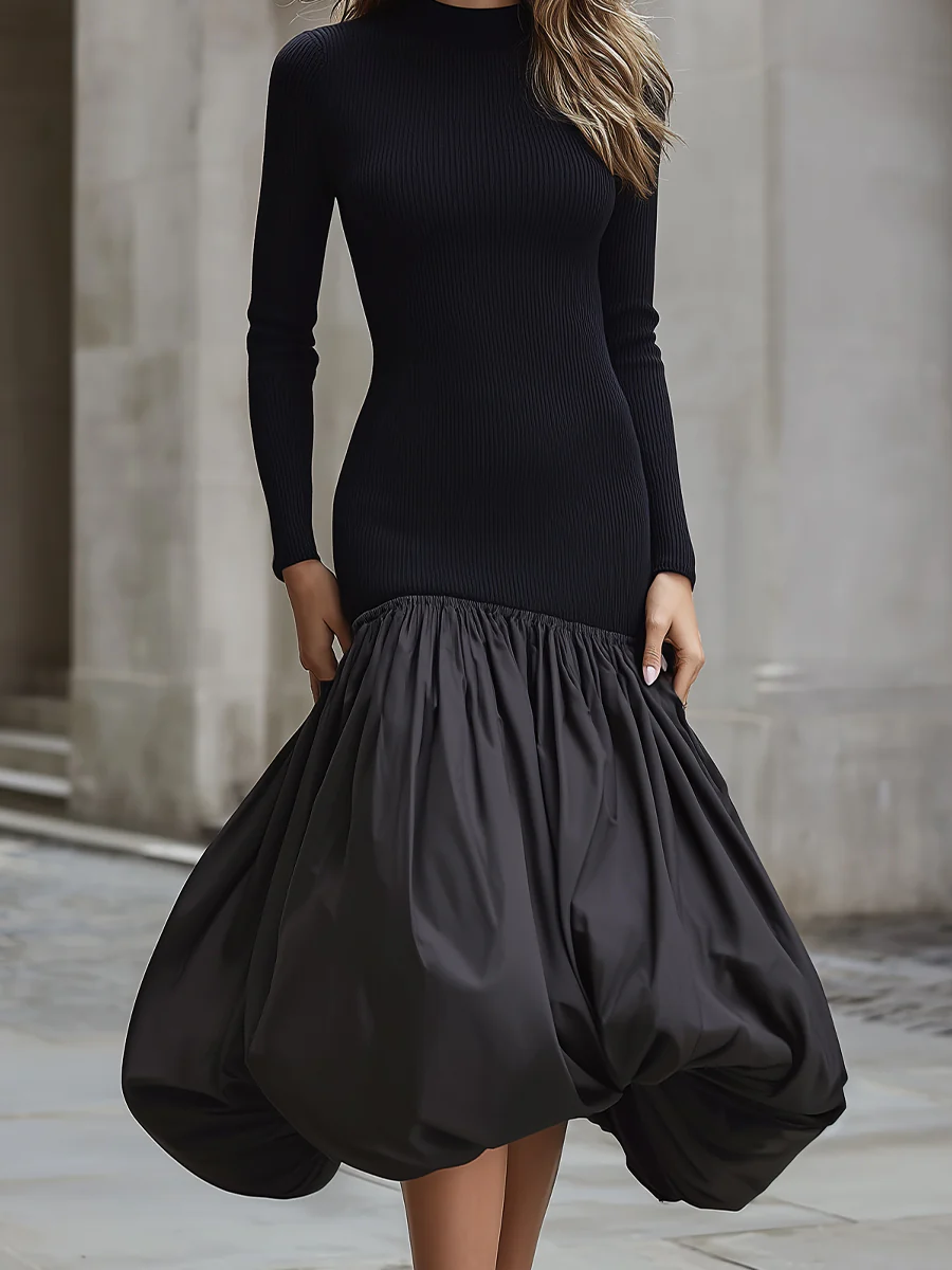 Black Knit And Taffeta Contrast Bubble Hem Dress