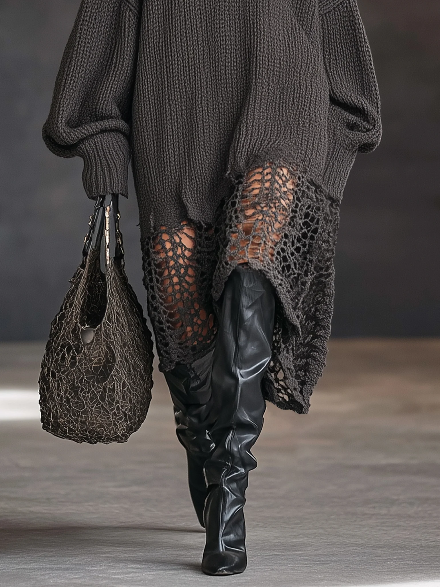 Charcoal Gray V-Neck Knit Mesh Long Sleeve Midi Dress