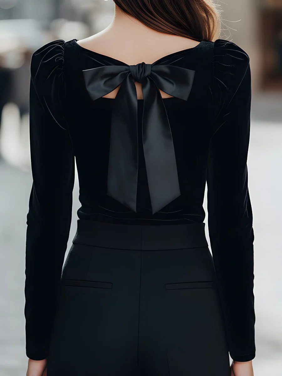 Velvet Puff Sleeve Top With Bow Back Detail