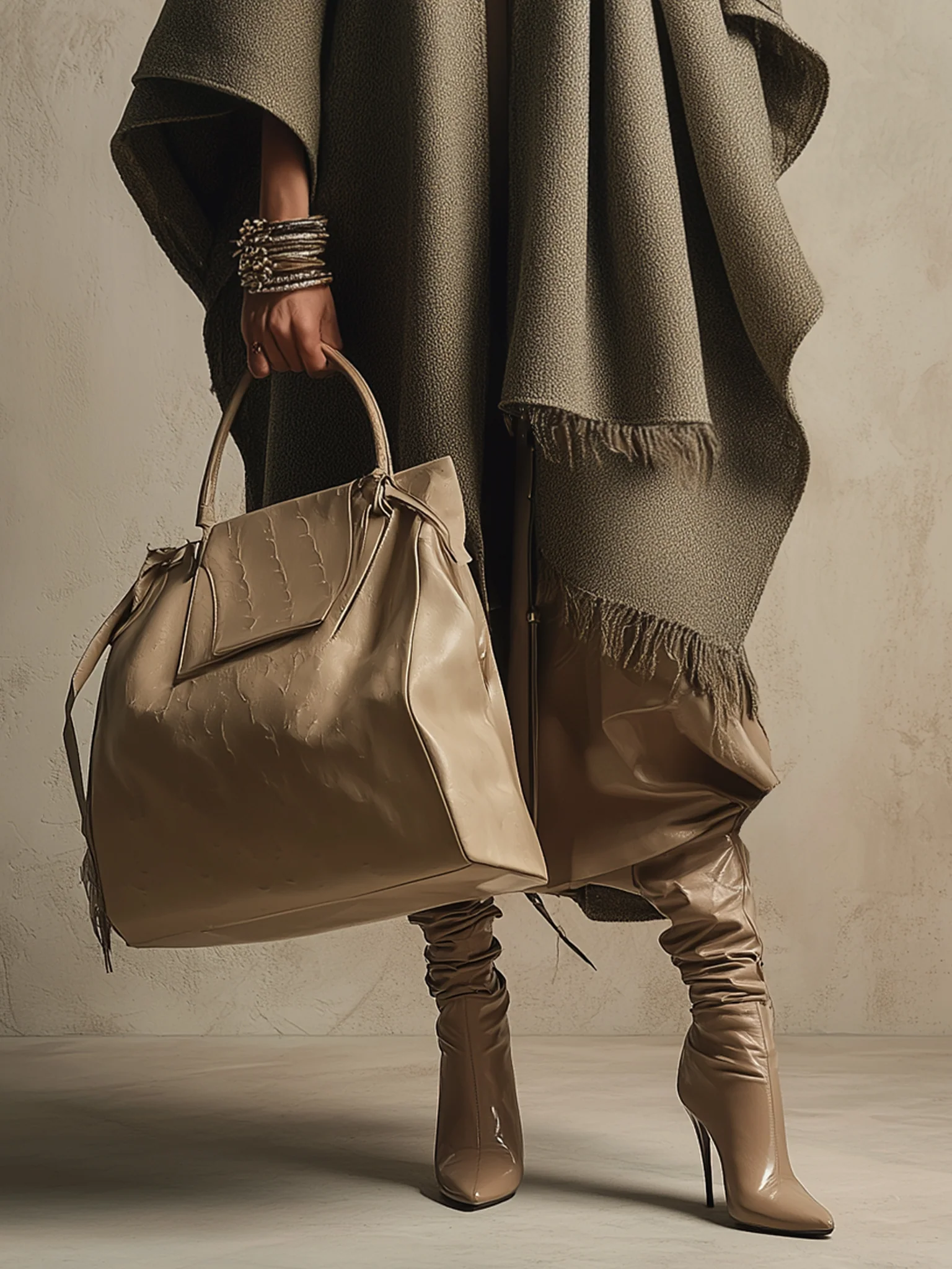 Green Loose Fitting Wool Blend Coat No Scarf