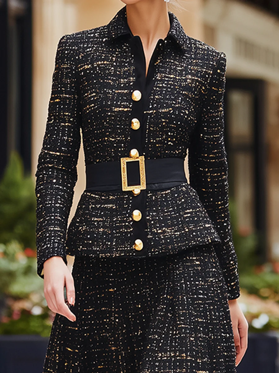 Black Gold Tweed Belted Jacket & Maxi Skirt Set