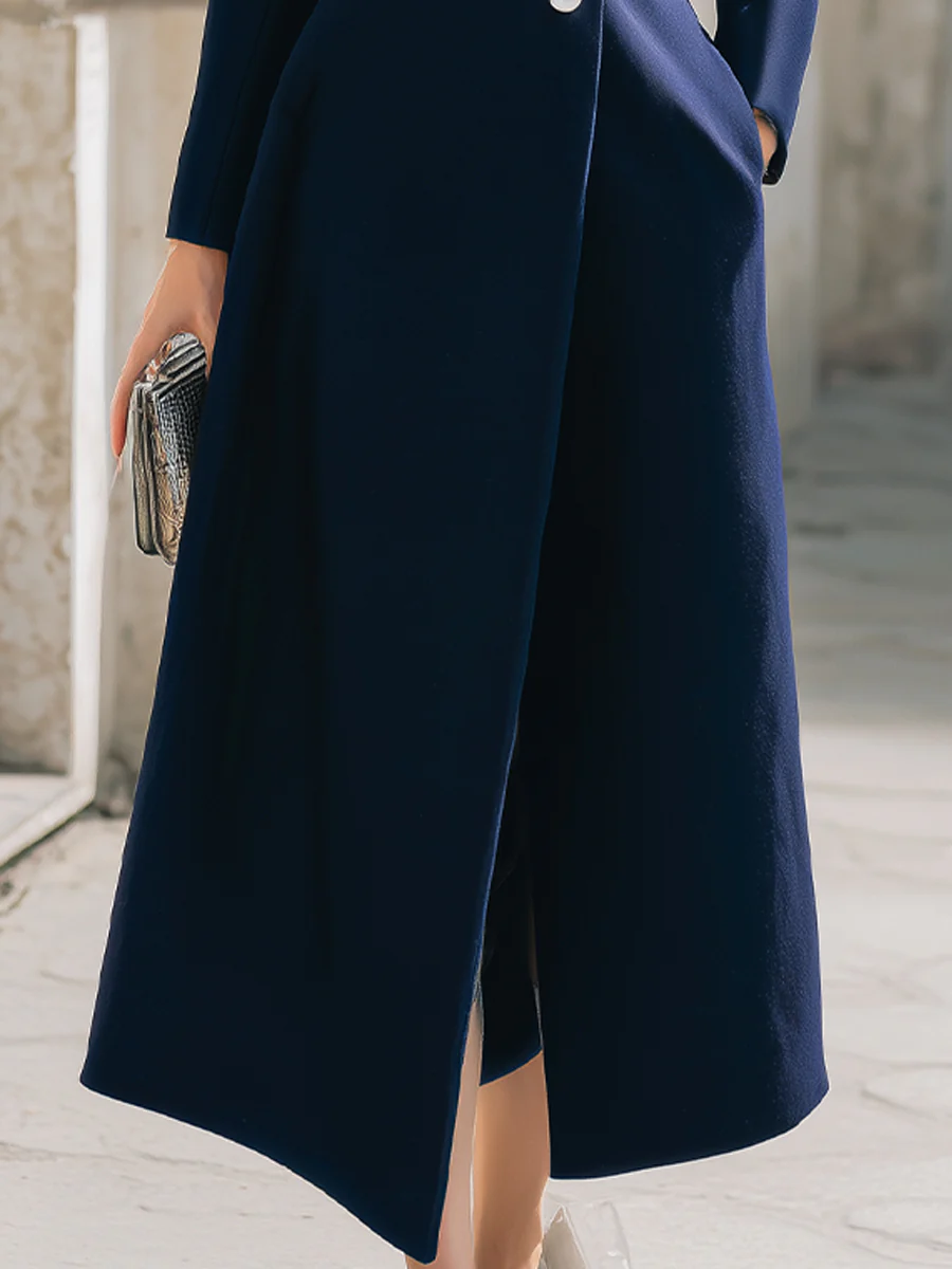 Elegant Navy Stand - Collar Maxi Coat