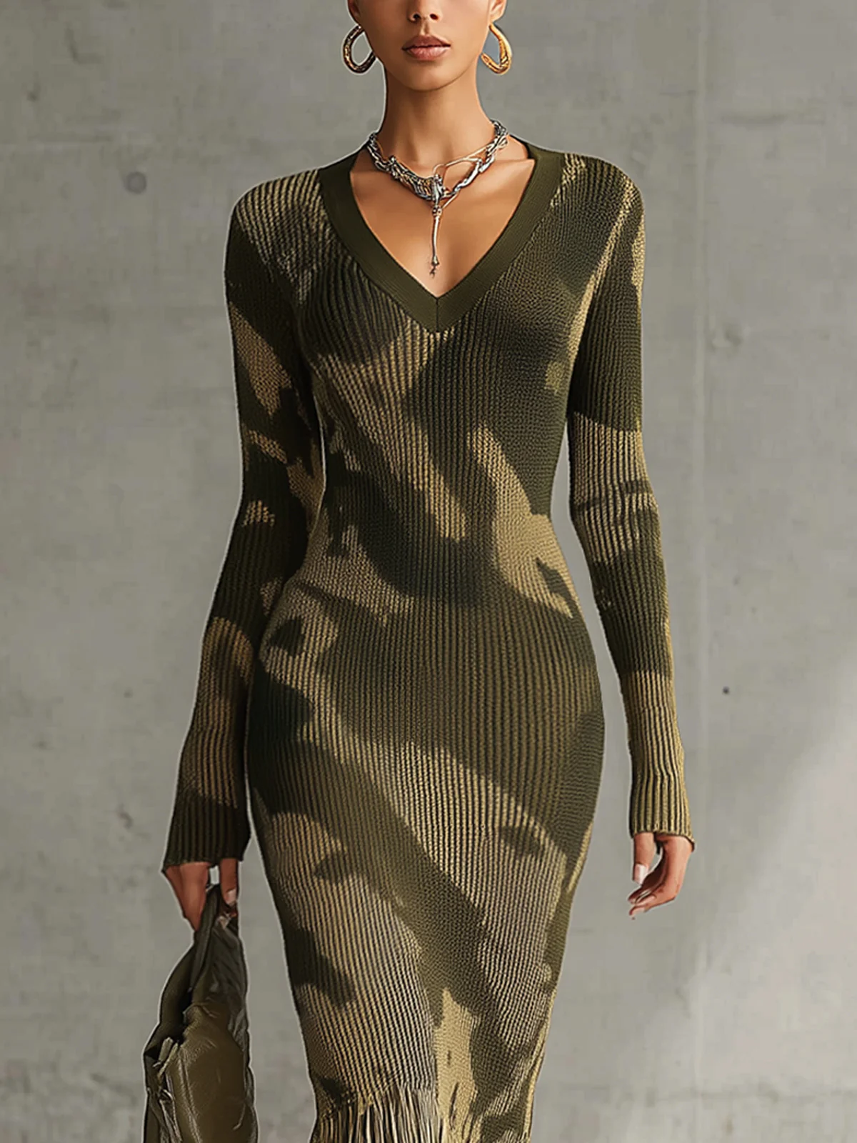 Olive Camo Knit V-Neck Fringe Hem Bodycon Dress