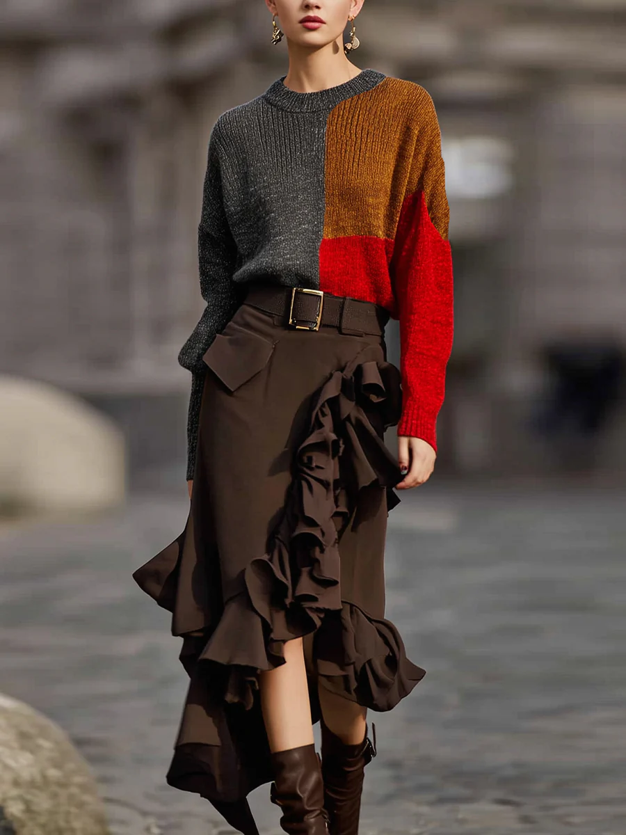 Colorblock Knit Sweater And Ruffle Skirt Set