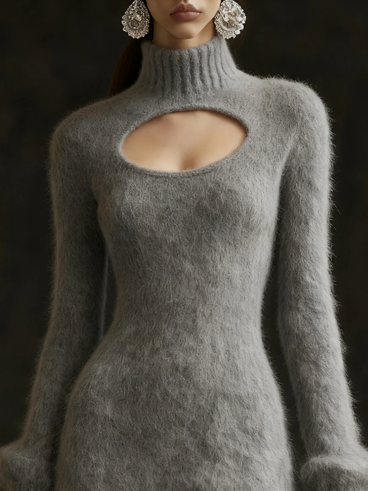 Gray Fuzzy Knit Dress With Lace Trim And Keyhole Detail