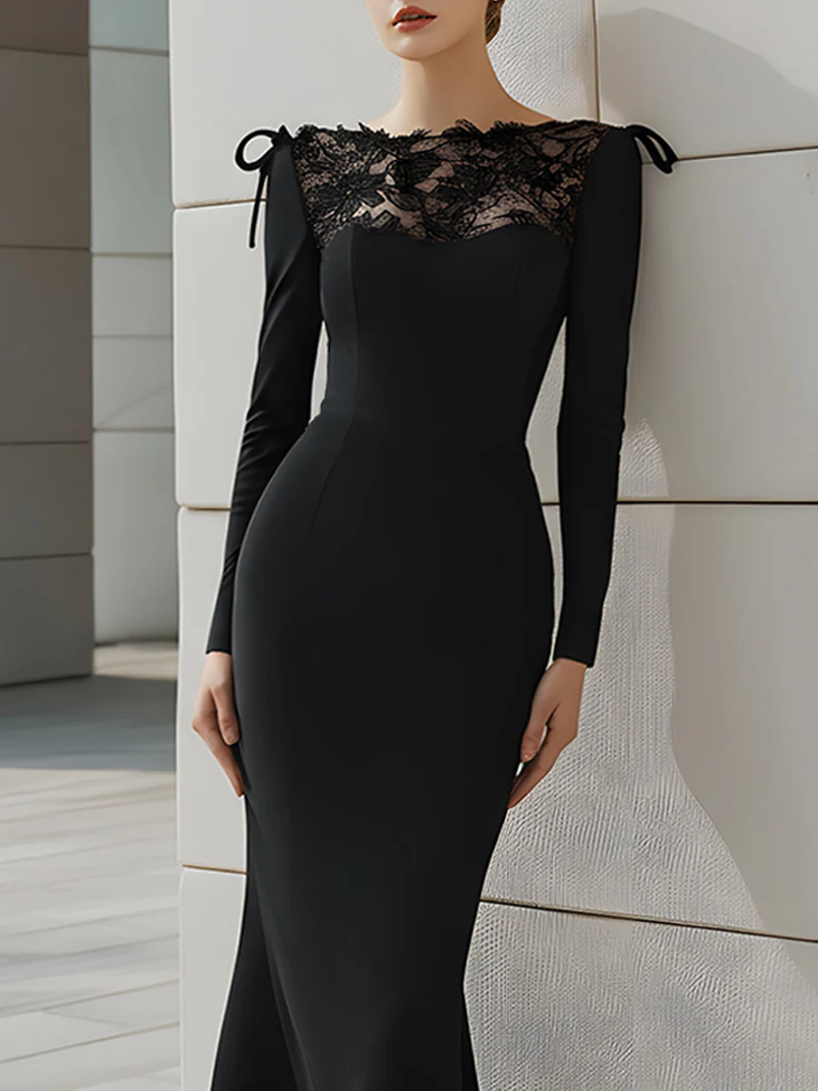 Lace Shoulder Bow Detail Black Mermaid Dress