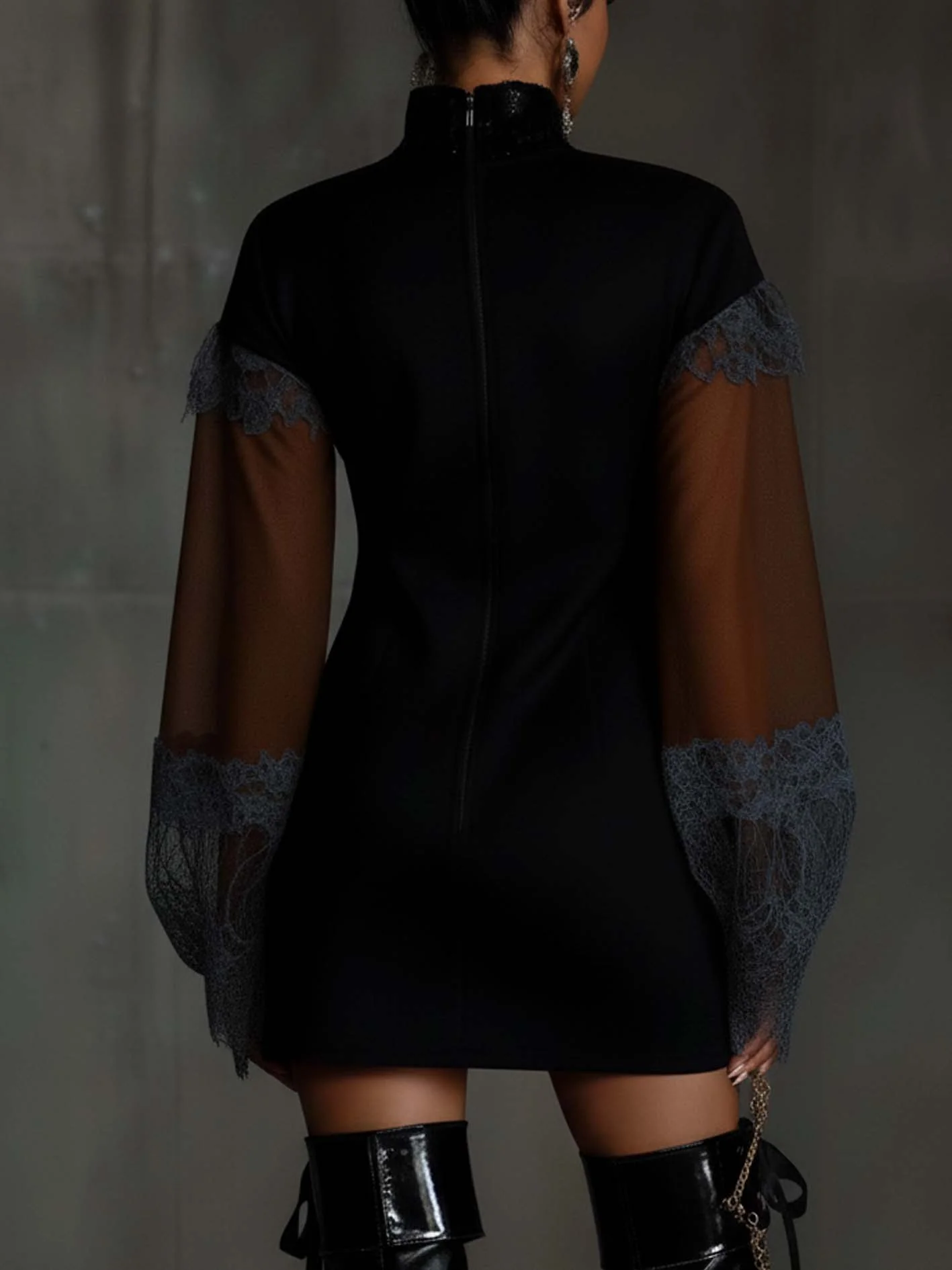 Black Faux Suede Mini Dress With Lace And Paneled Sleeves