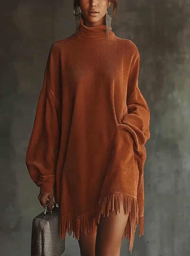 Orange Corduroy Loose Tassel Hem High Collar Dress