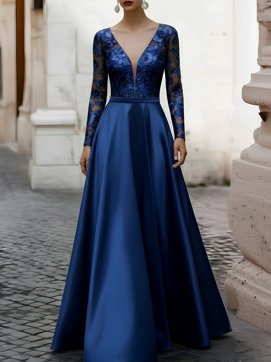 V-Neck Embroidered Lace Long Sleeve Satin Gown