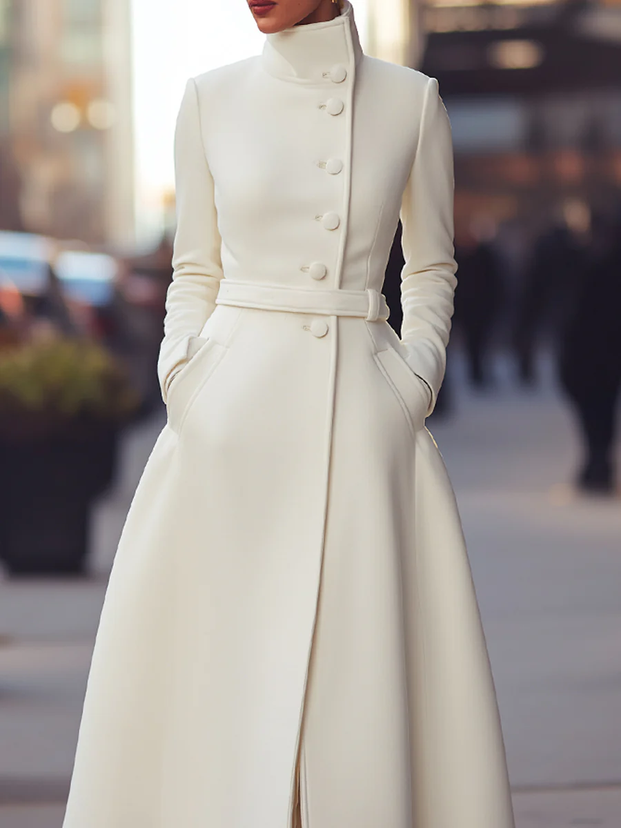 Regal White Military-Inspired Wool Coat