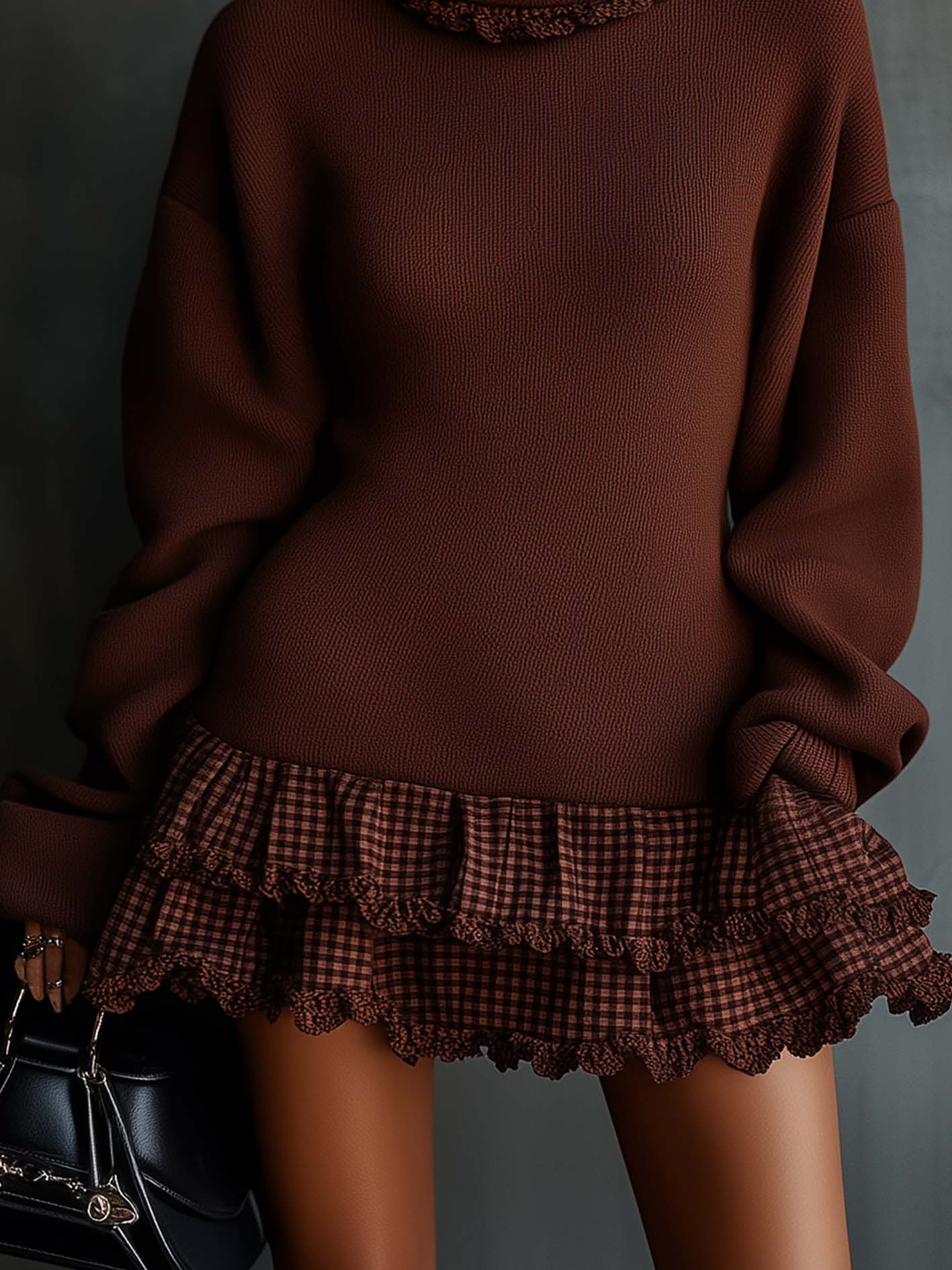 Chocolate Turtleneck Knitted Mini Dress With Plaid Ruffles