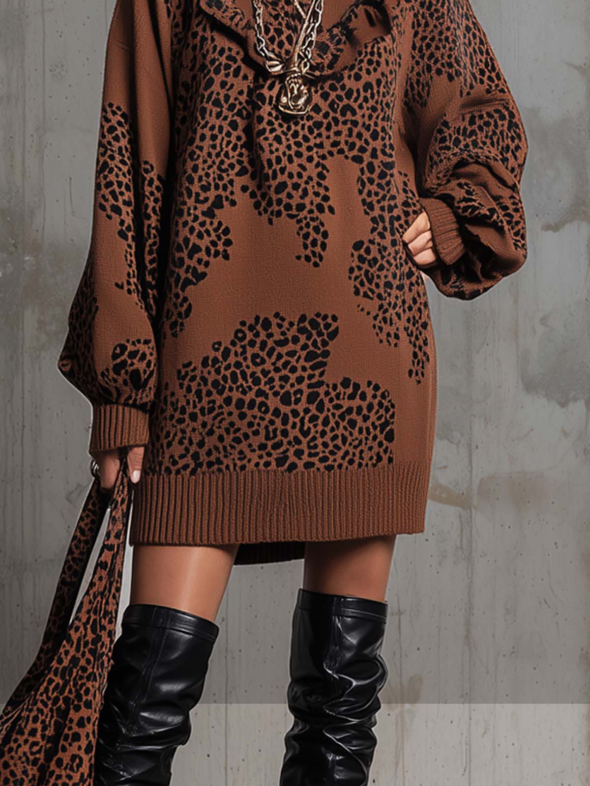 Brown Knitted Leopard Print Long sleeved Dress With Ruffles