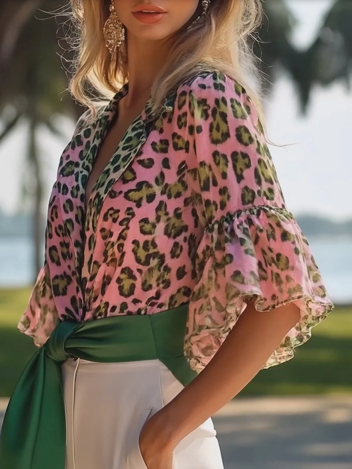 24-Hour-Shipping Multicolor Leopard Print Chiffon Blouse