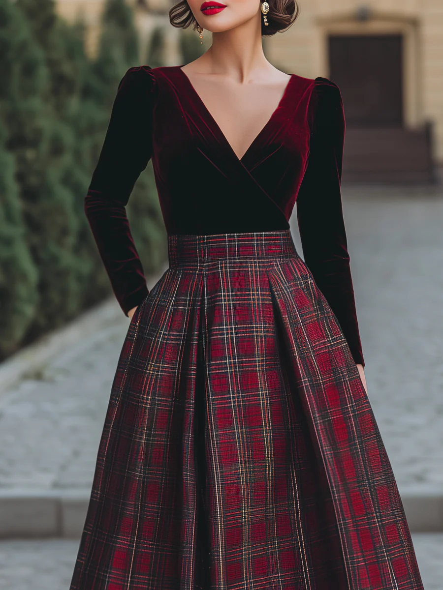 V-Neck Velvet And Plaid Midi Dress