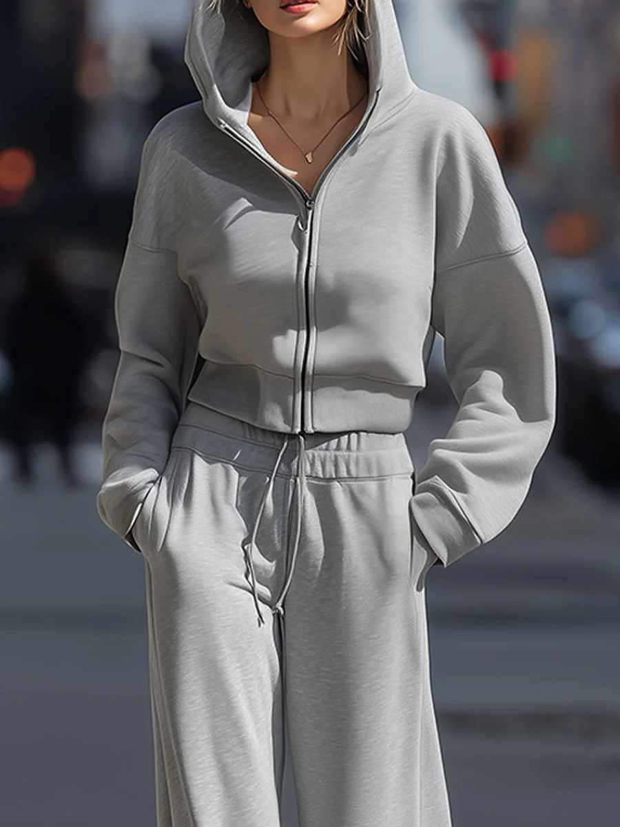 Cozy Gray Hoodie And Wide-Leg Pants Set