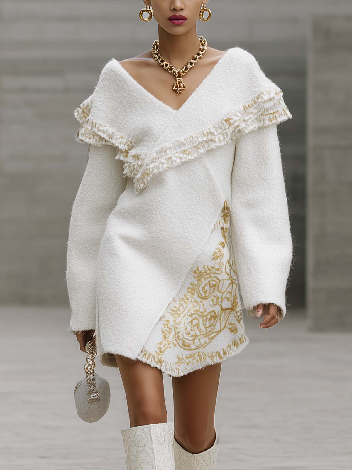 Ivory Wool Blend Off-shoulder Printed Tassel Mini Dress