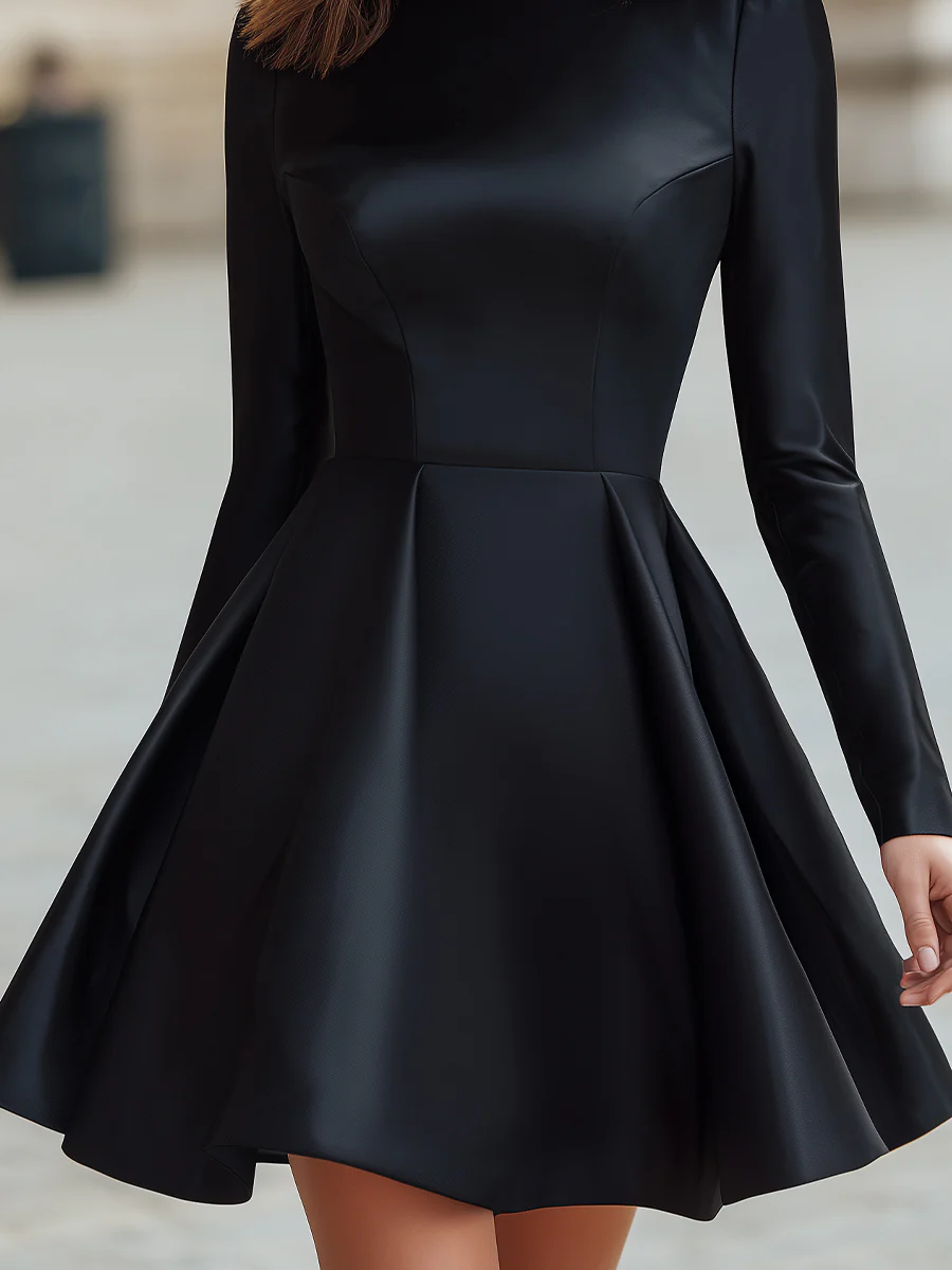 Elegant Satin Long-Sleeve Flare Mini Dress