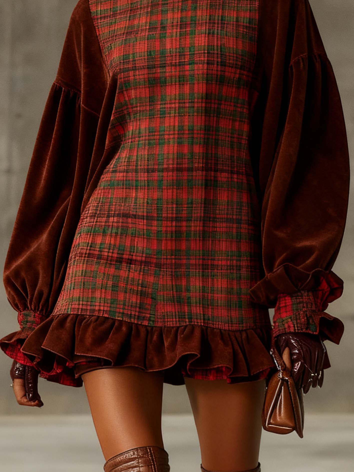 Brown Velvet Mini Dress With Ruffles And Patchwork Plaid
