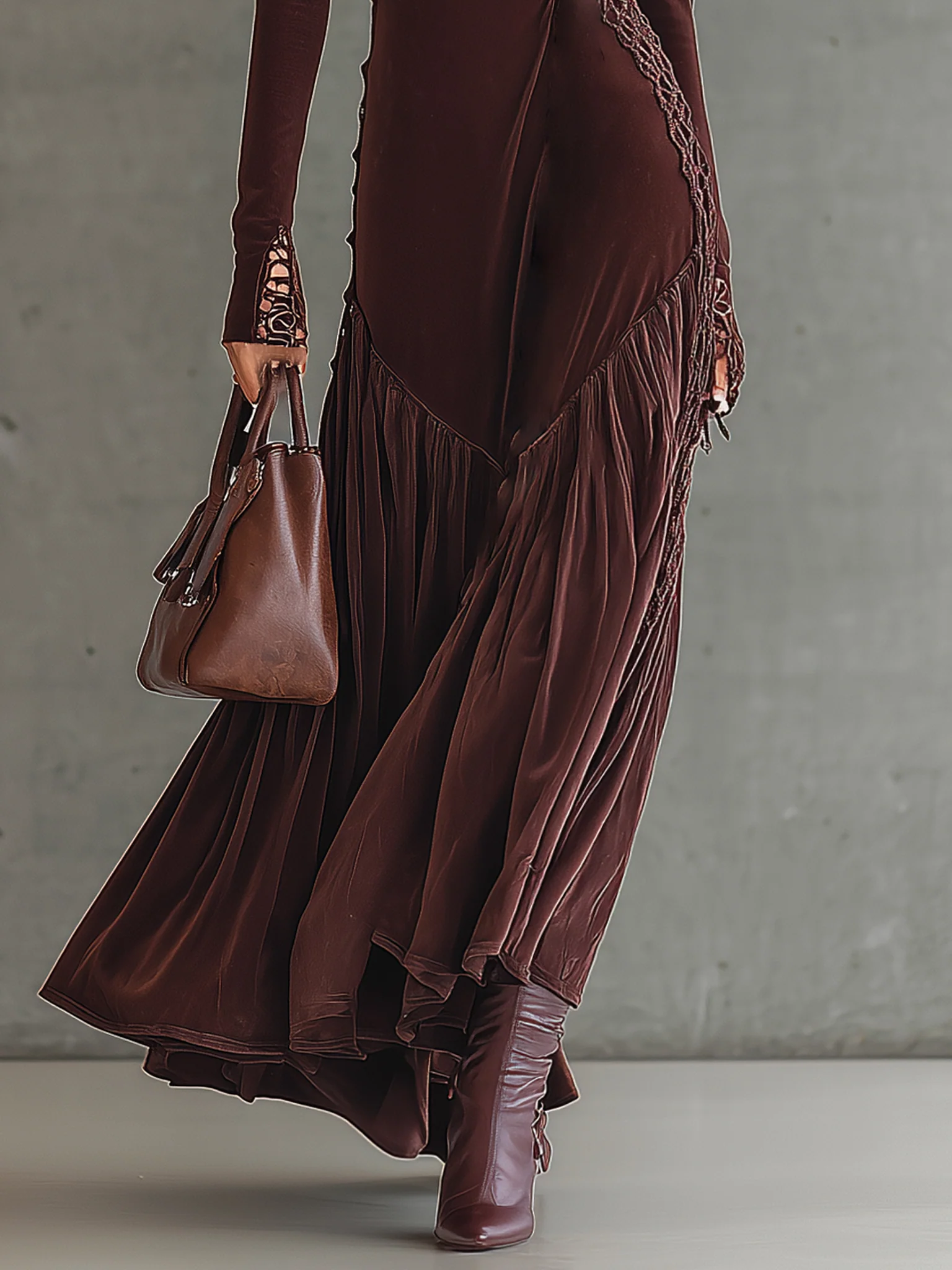 Burgundy Velvet Mesh Paneled Long Sleeve Maxi Dress
