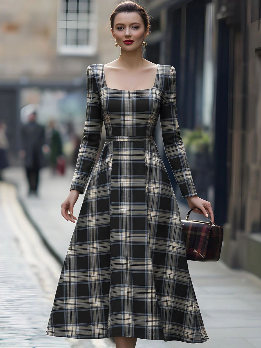 Classic Square Neck Plaid Midi Dress For Effortless Day-to-Night Style