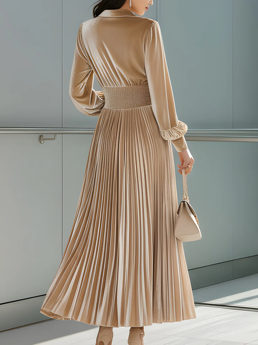Champagne Gold Pleated Velvet Maxi Dress
