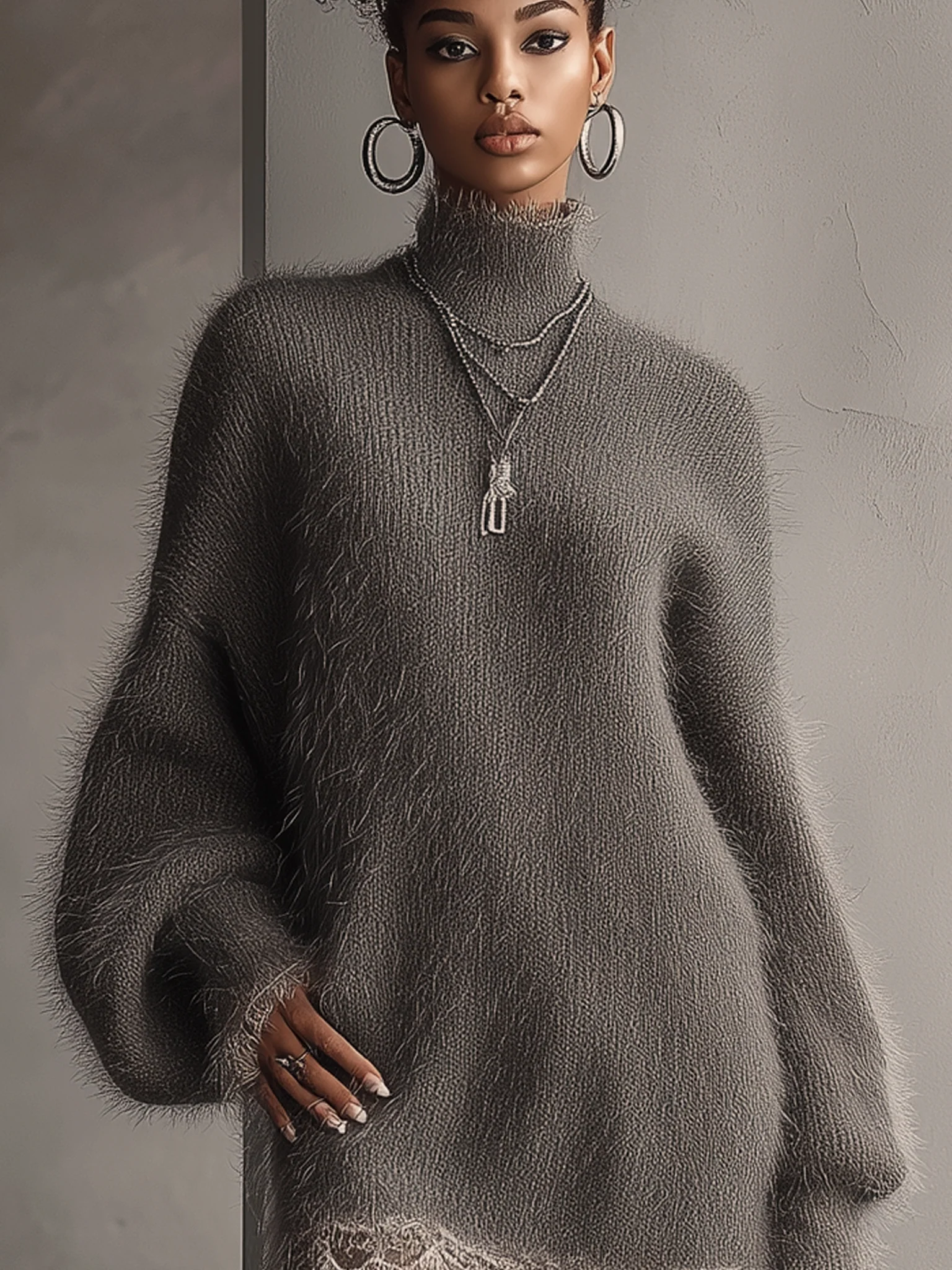 Gray Plush Mohair Knit Long Sleeve Mini Dress With Lace Trim