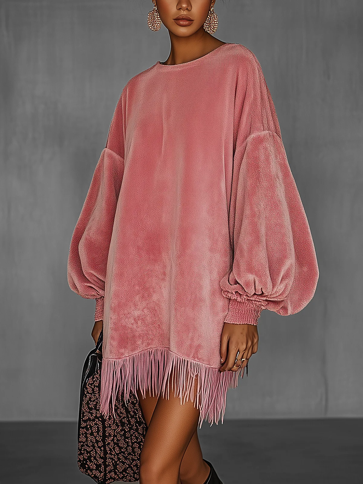 Oversized Pink Fringe Crew Neck Suede Dress