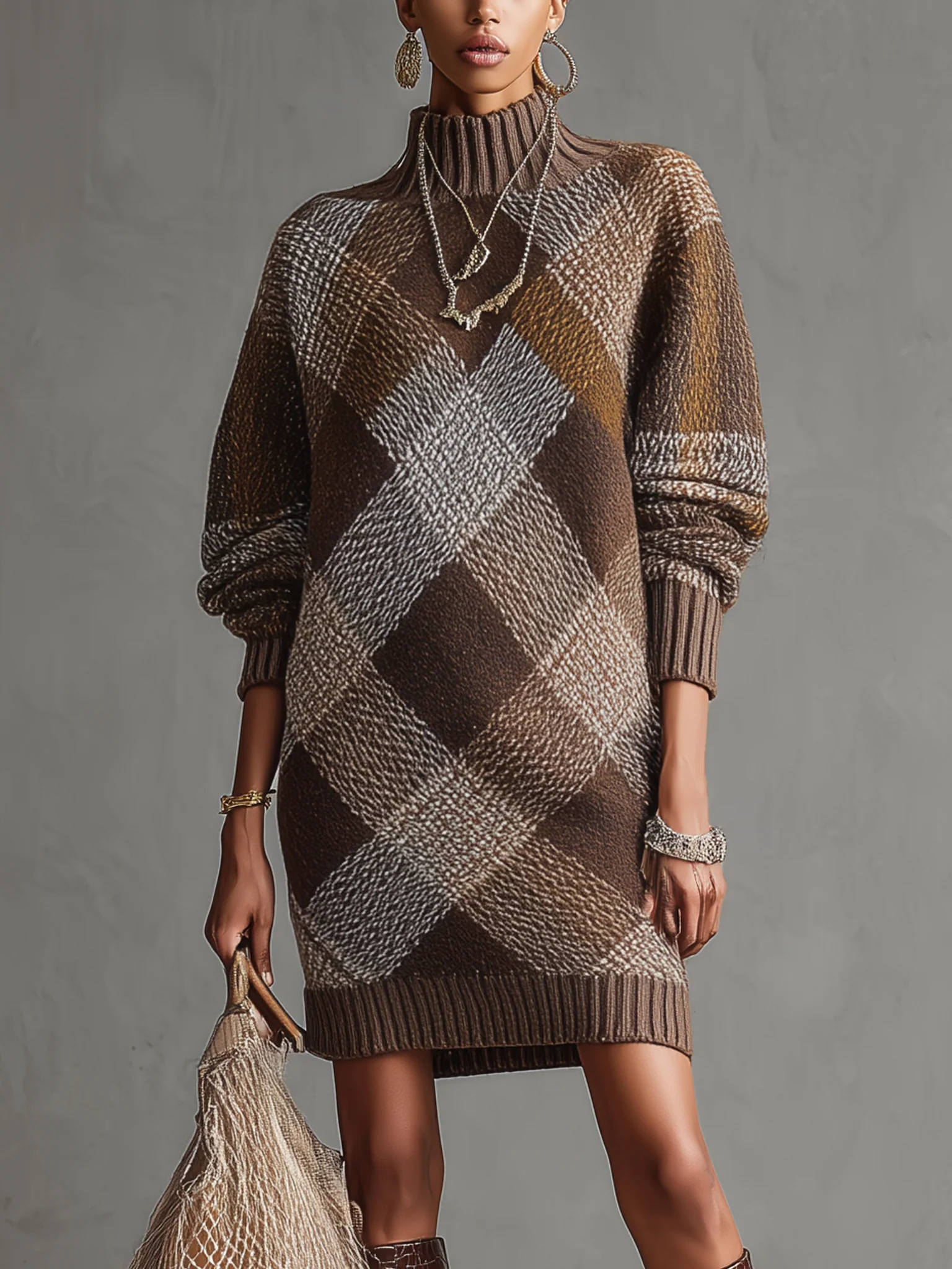Brown Plaid Turtleneck Knit Long Sleeve Mini Dress