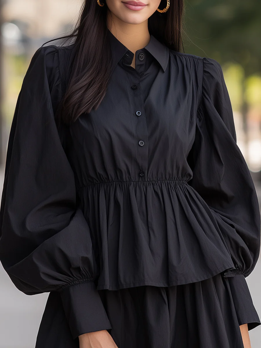 Balloon-Sleeve A-Line Shirt Dress