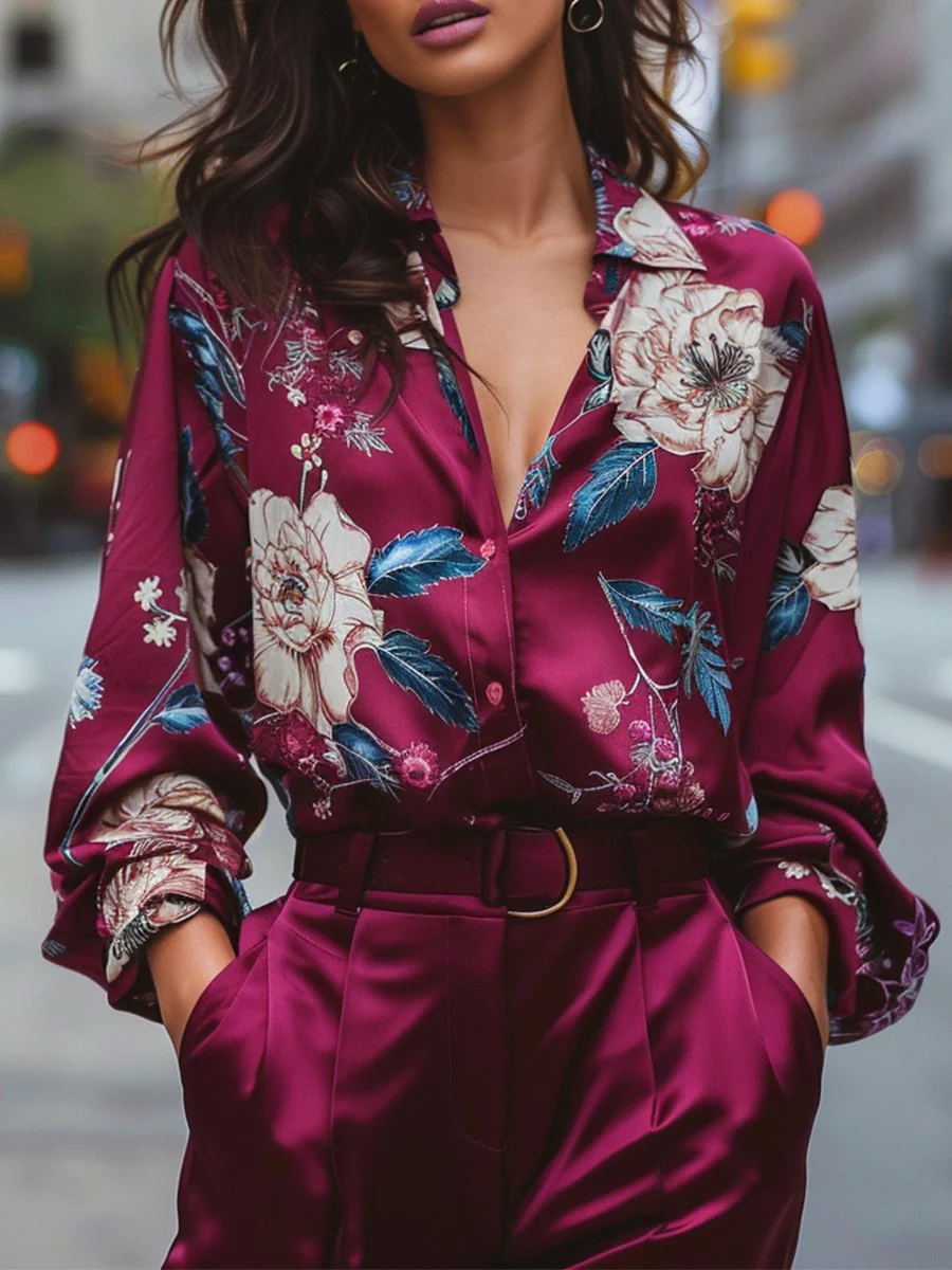 Vibrant Floral Print Burgundy Satin Blouse