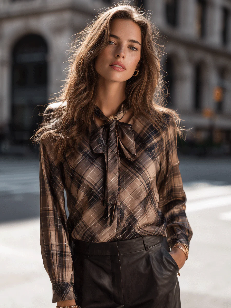 Plaid Button-Down Shirt With Bow Tie Detail