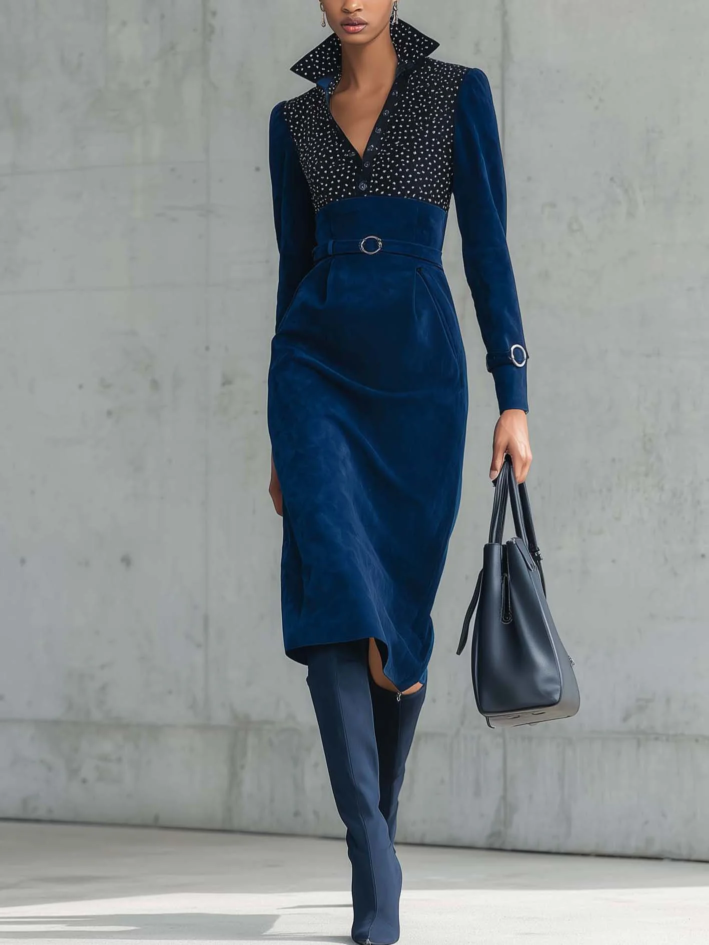 Navy Blue Faux Suede Bodycon Dress With Polka Dots