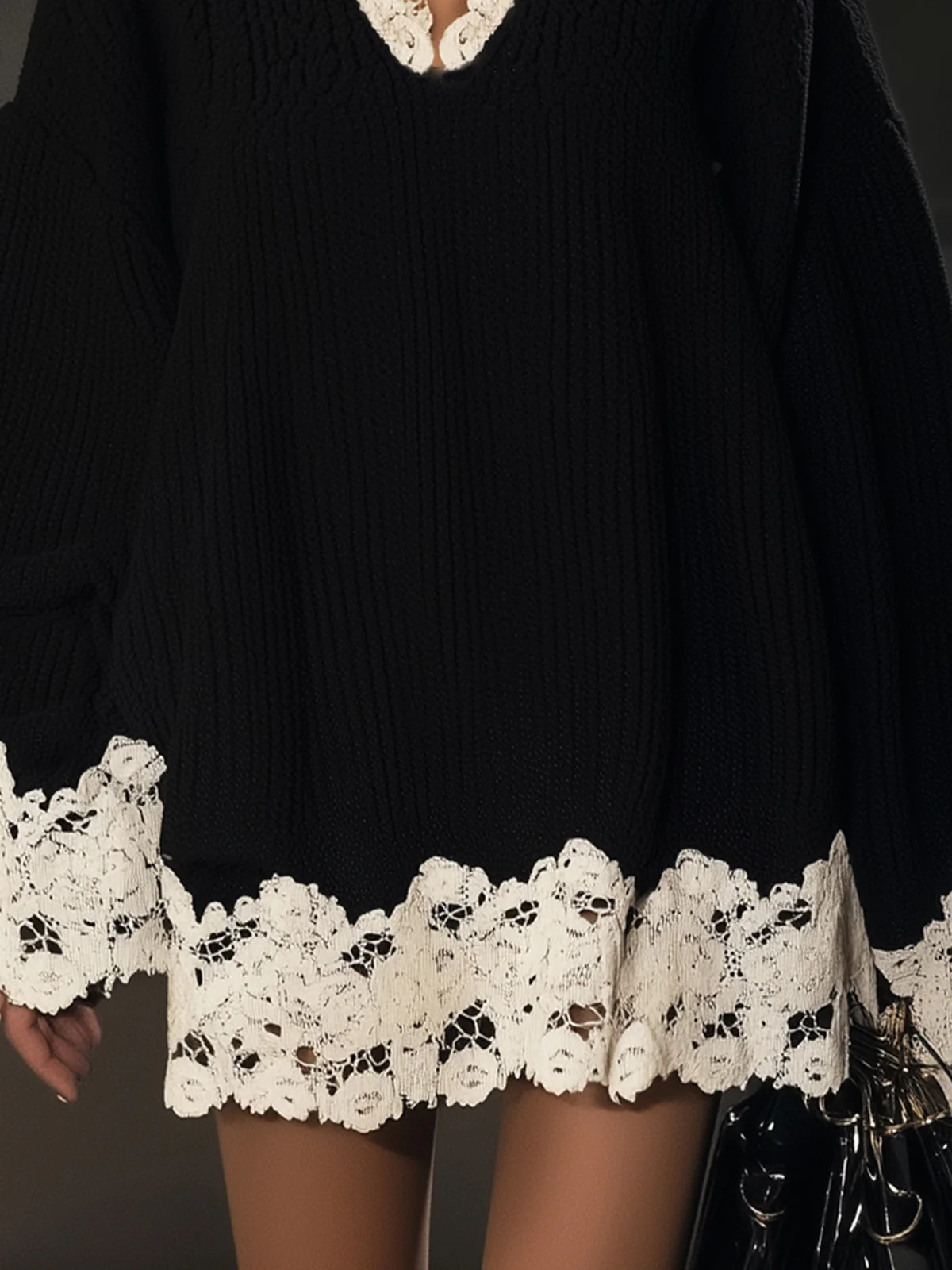 Black Knit Dress With White Lace Trim