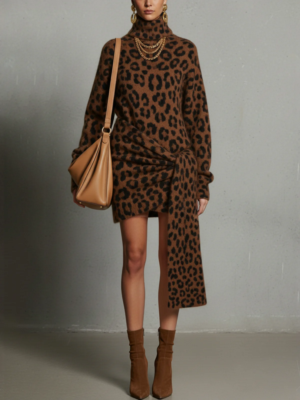 Brown Leopard Print Turtleneck Sweater Dress With Wrap Detail