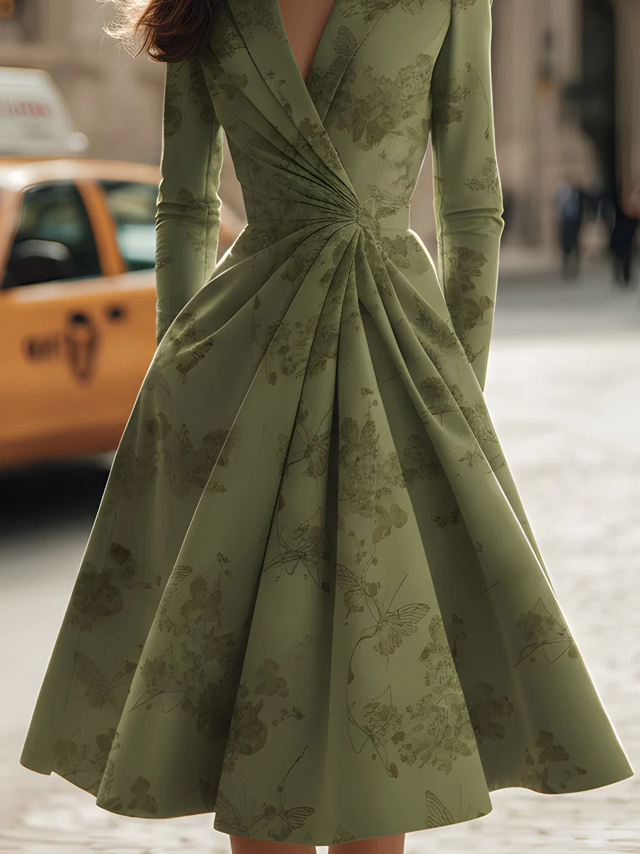 Olive Green Pleated Blazer Dress With Botanical Print