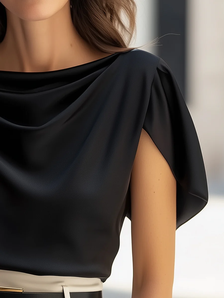 Classic Satin Draped Cap Sleeve Blouse
