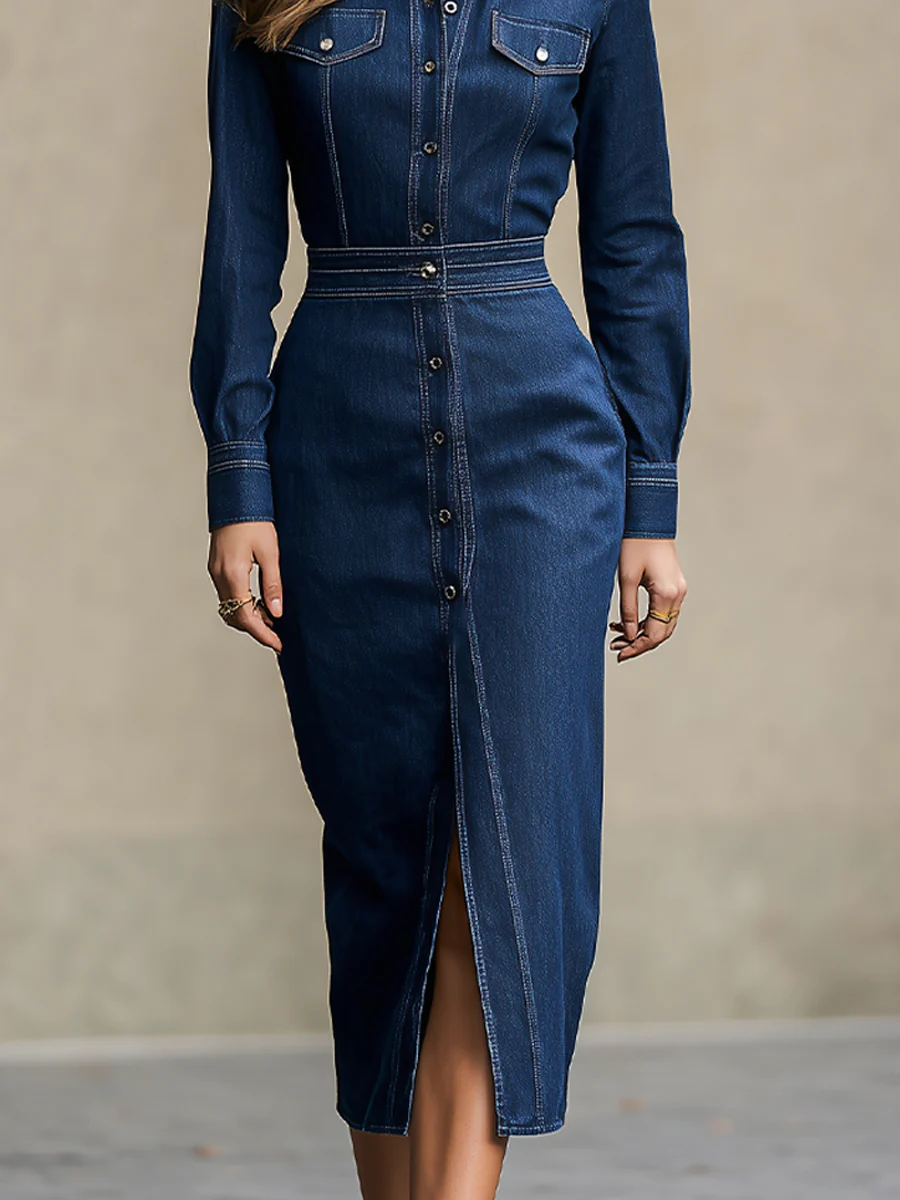 Tailored Button-Down Denim Midi Dress