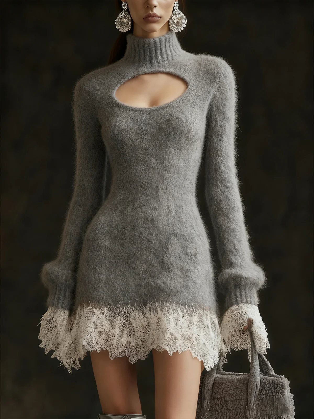 Gray Fuzzy Knit Dress With Lace Trim And Keyhole Detail