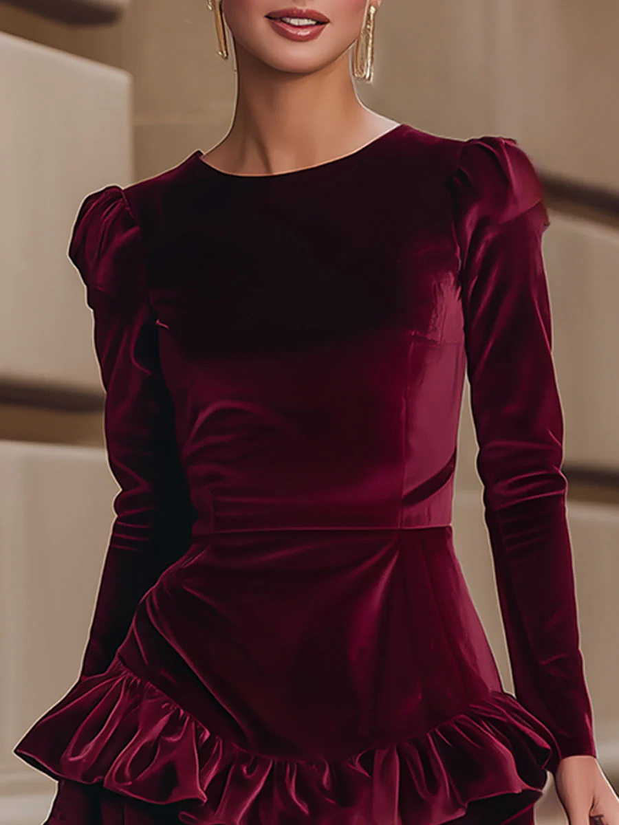 Elegant Burgundy Velvet Ruffle Dress - Perfect For Every Occasion