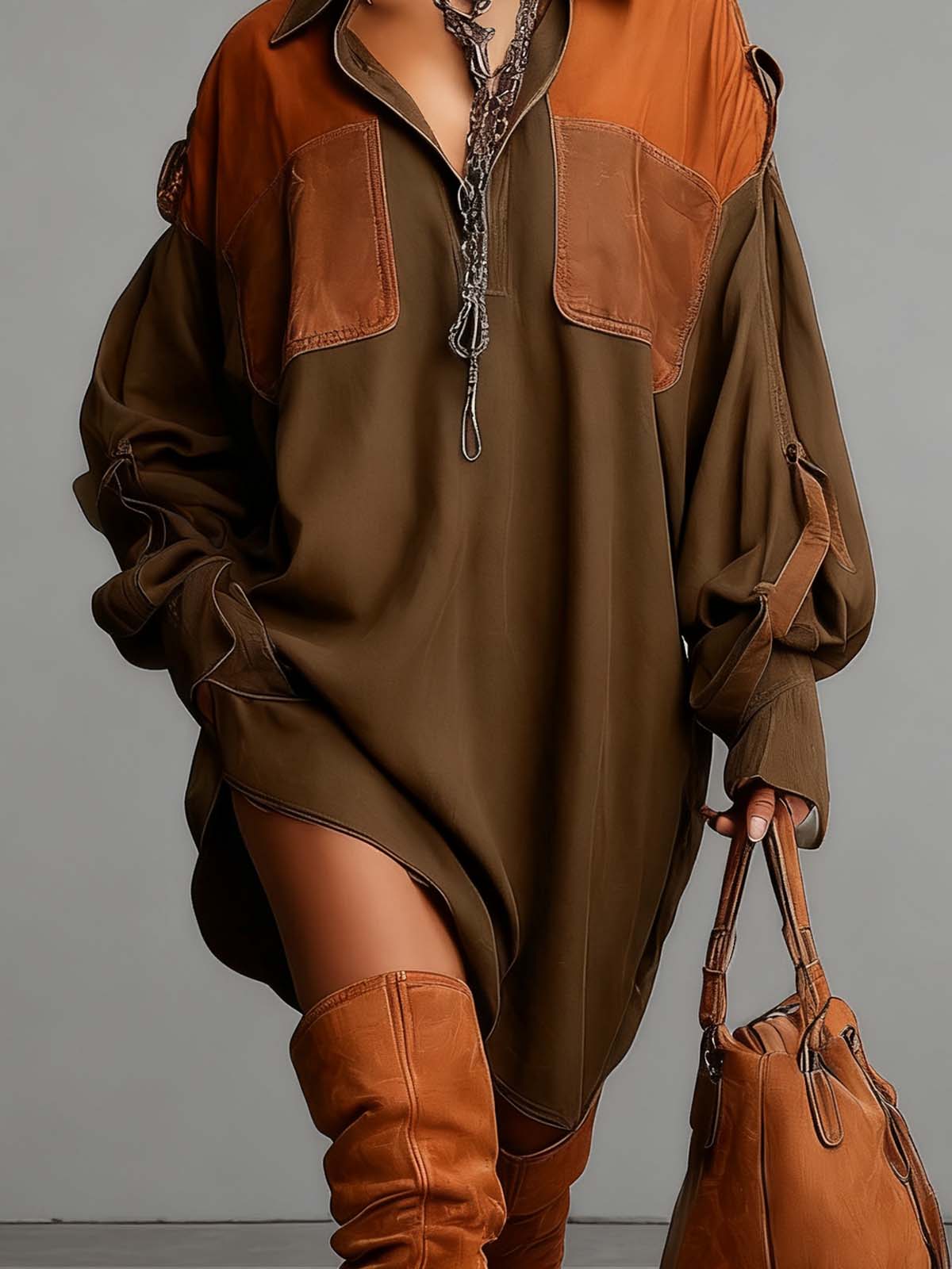 Olive Green Faux Suede And PU Leather Patchwork Loose Mini Dress