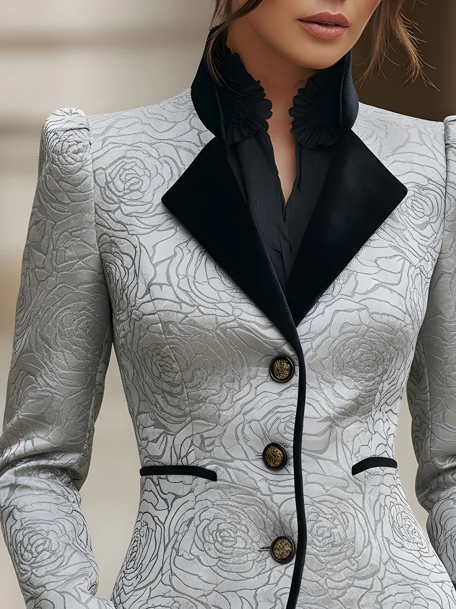 Jacquard Floral Blazer With Velvet Accents