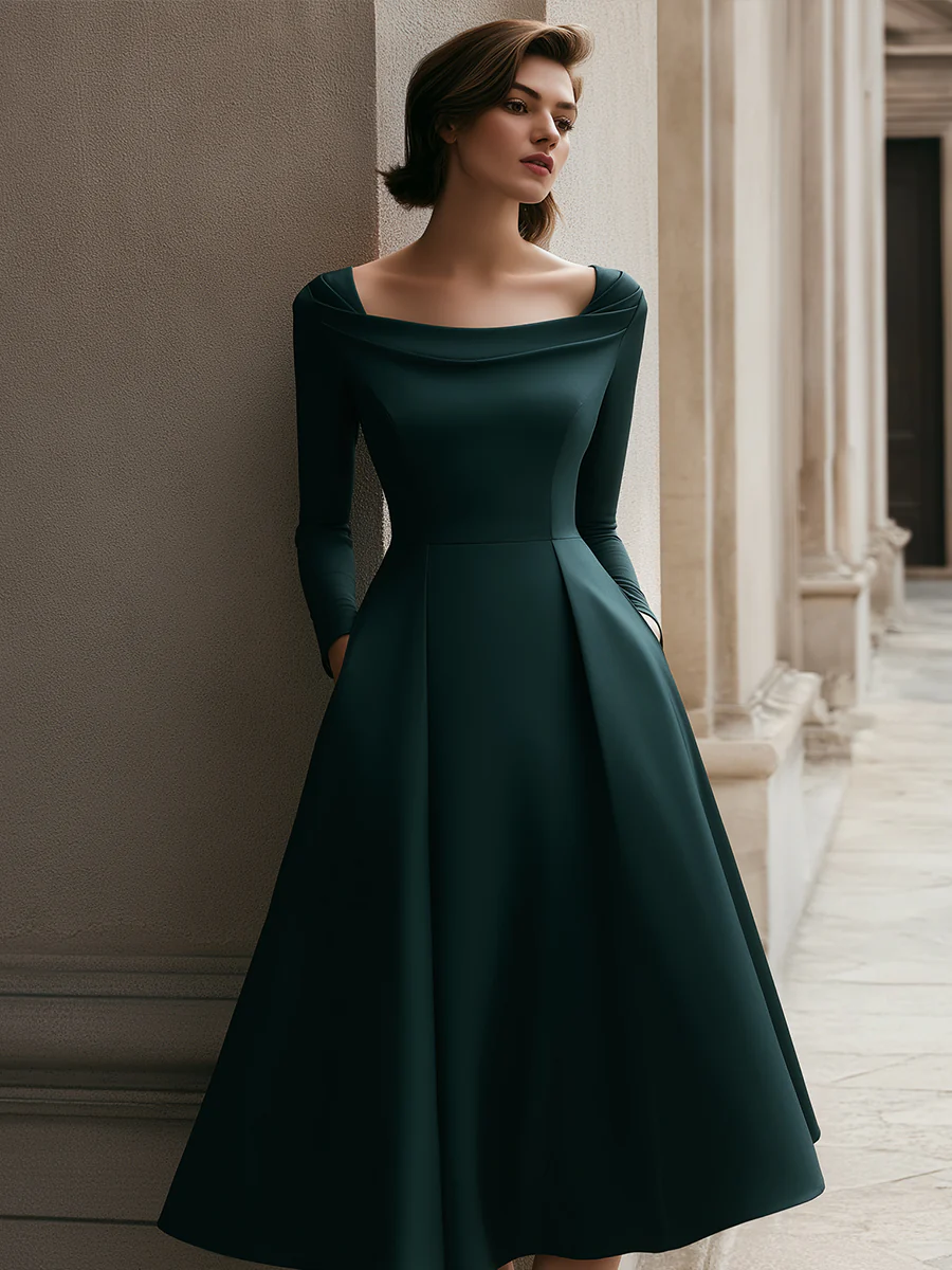 Off-Shoulder Pleated Forest Green Midi Dress